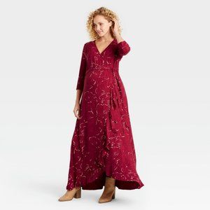 Women's 3/4 Sleeve Knit Wrap Maternity Dress - Isabel Maternity, Red Floral, S